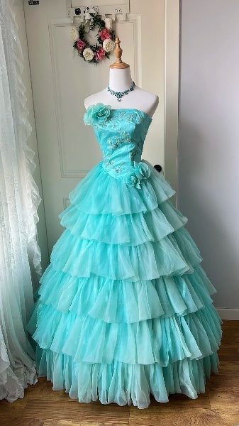 Sweet 15 Quinceanera Dress Ball Gown Strapless Blue Tulle With Tiered Layers Long 15th Birthday Outfits RC0580