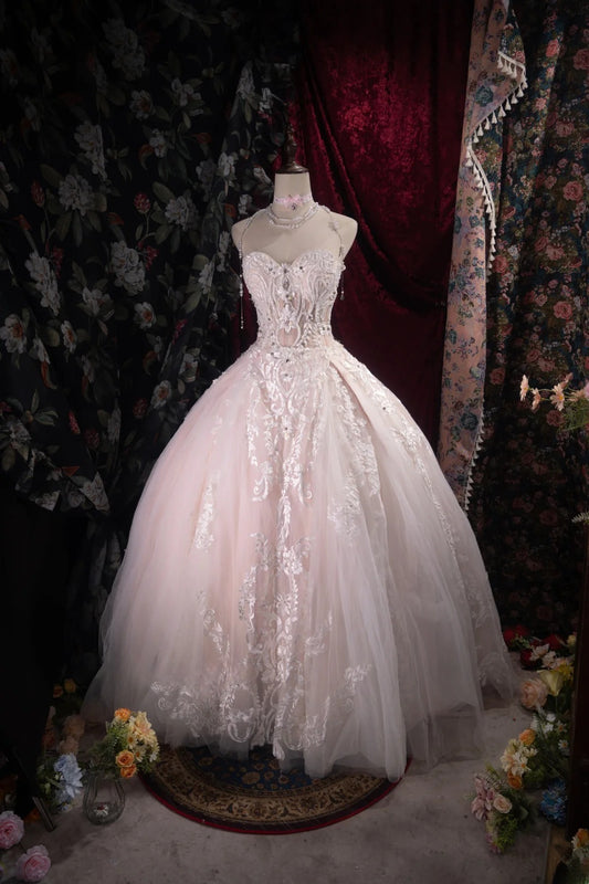 Sophisticated Ball Gown Sweetheart Light Pink Tulle Long With Lace Quince Dress Impress Party Gowns Sweet 16 Outfits RB8508
