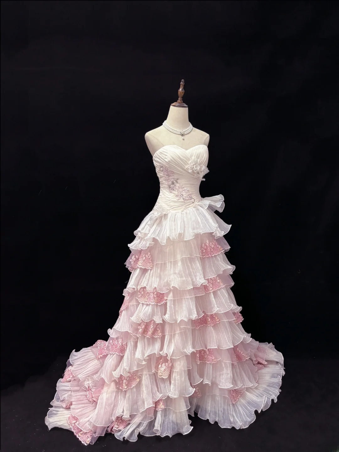 Beautiful Ball Gown Sweetheart Pink With Tiered Layers Lace Prom Dress Formal Outfits Evening Night Dresses RB7632