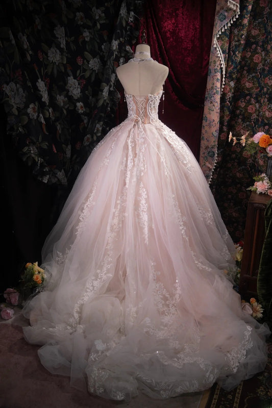 Sophisticated Ball Gown Sweetheart Light Pink Tulle Long With Lace Quince Dress Impress Party Gowns Sweet 16 Outfits RB8508