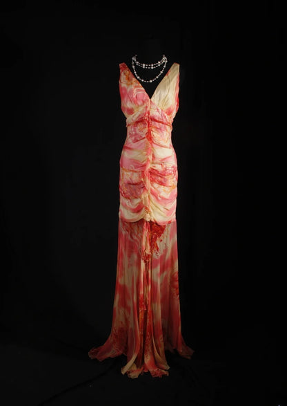Robe de bal élégante années 1950, sirène, col en V, mousseline florale, robe de soirée longue vintage AS232
