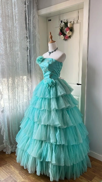 Sweet 15 Quinceanera Dress Ball Gown Strapless Blue Tulle With Tiered Layers Long 15th Birthday Outfits RC0580
