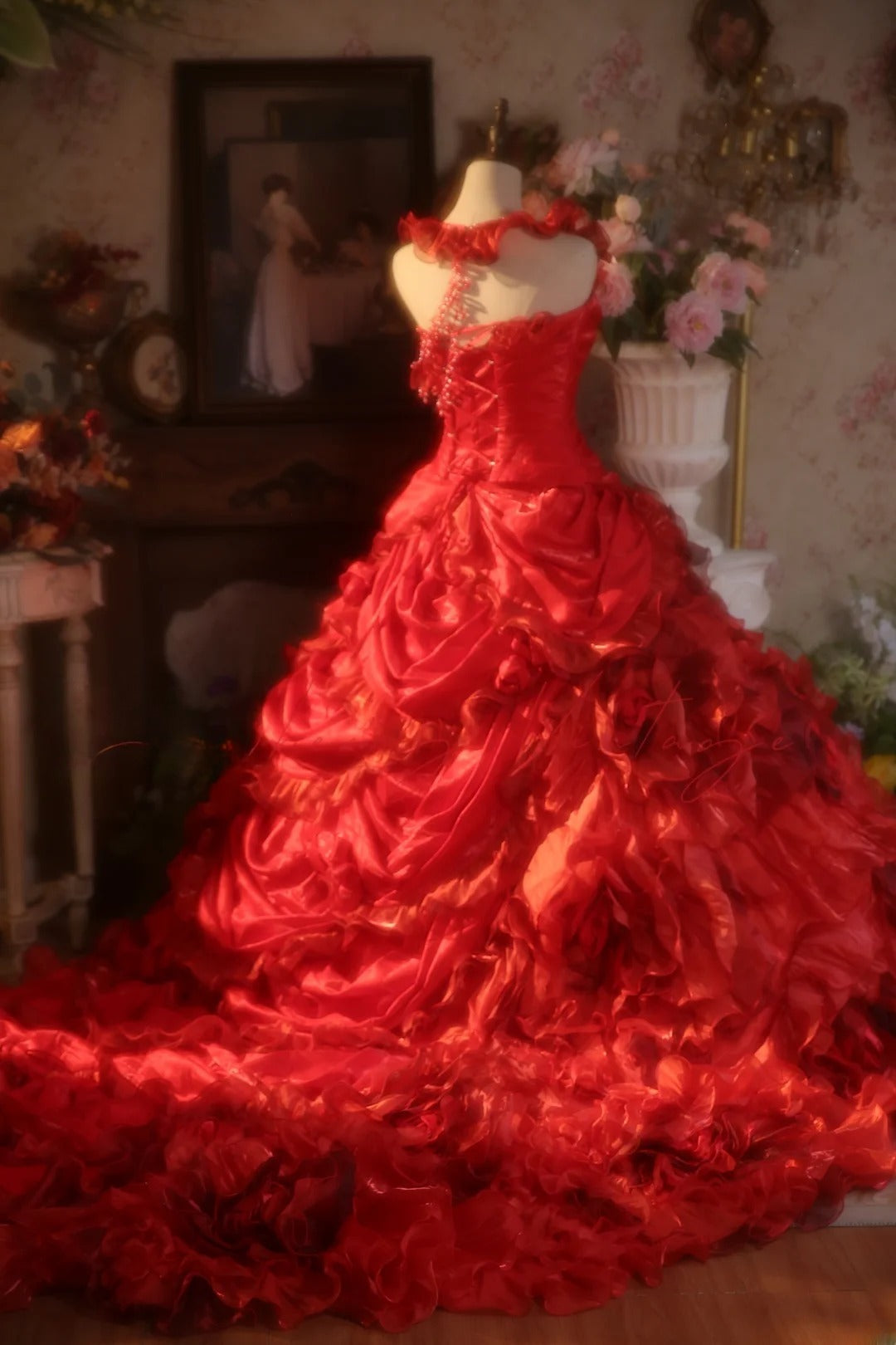 Red Halter With Flowers Quinceanera Dress With Train Ball Gown Sweet 15 Gown RB9153