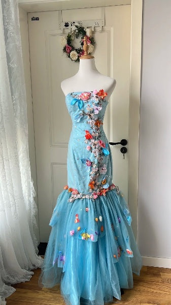 Vintage Prom Dresses Aesthetic 80s Retro Mermaid Strapless Blue Floor Length Evening Outfits RC0581