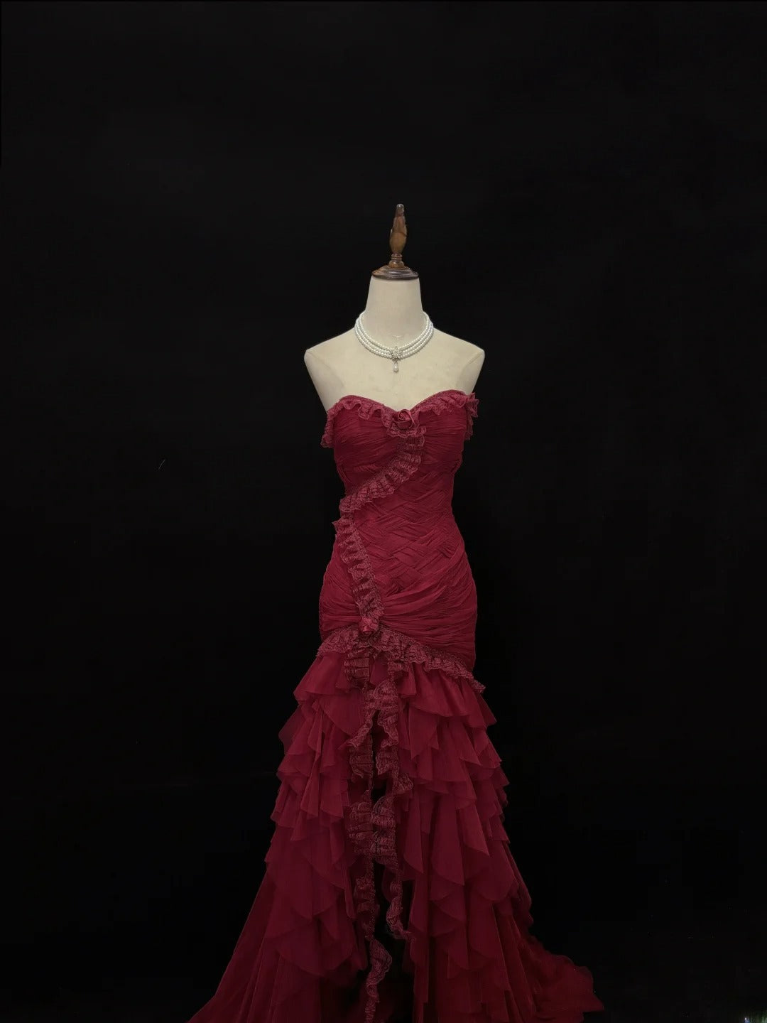 Beautiful Mermaid Sweetheart Burgundy With Tiered Layers Prom Dress Formal Outfits Evening Night Dresses RB7633