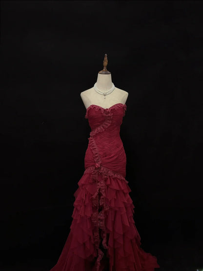 Beautiful Mermaid Sweetheart Burgundy With Tiered Layers Prom Dress Formal Outfits Evening Night Dresses RB7633