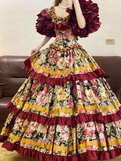 Quinceanera Dress Floral Satin Square Neck Burgundy With Sleeves Ball Gown Sweet 15 Gown RB9154