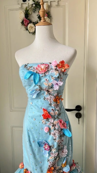 Vintage Prom Dresses Aesthetic 80s Retro Mermaid Strapless Blue Floor Length Evening Outfits RC0581