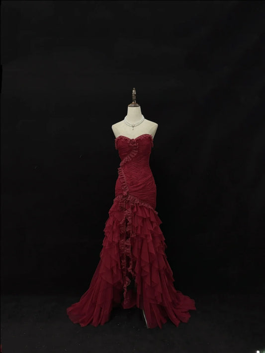 Beautiful Mermaid Sweetheart Burgundy With Tiered Layers Prom Dress Formal Outfits Evening Night Dresses RB7633