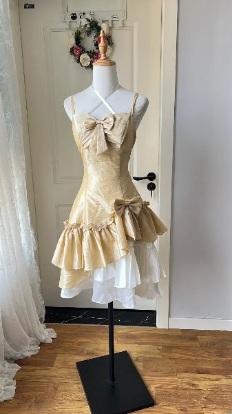 Gold Hoco Dress A line Spaghetti Straps Satin Short Homecoming 17th Birthday Party Dress RC0582