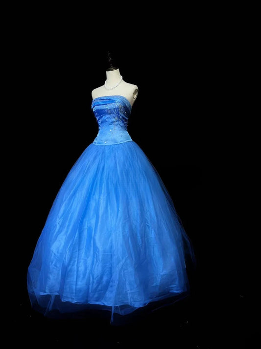 Pretty Ball Gown Strapless Royal Blue Tulle With Beads Long 15 Quinceanera Dresses Photo Ideas Formal Outfit RB6032