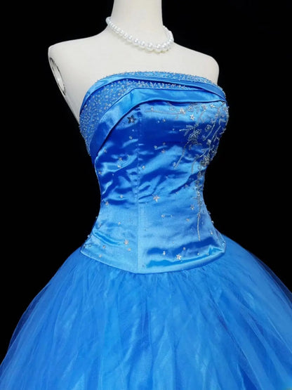 Pretty Ball Gown Strapless Royal Blue Tulle With Beads Long 15 Quinceanera Dresses Photo Ideas Formal Outfit RB6032