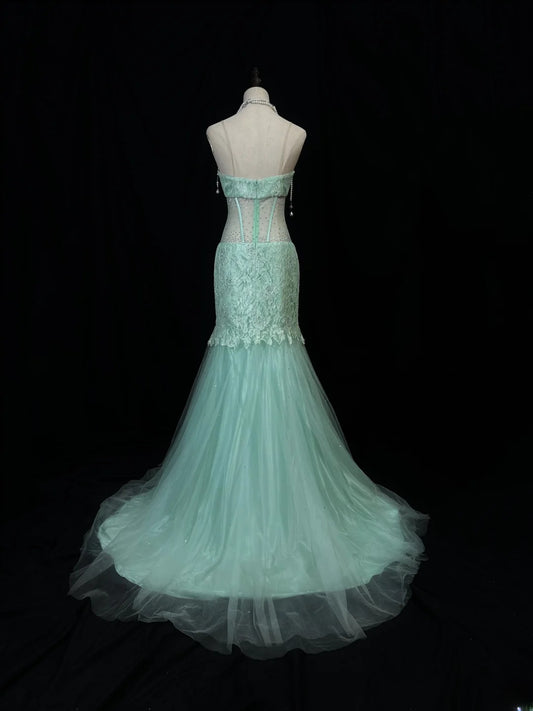 Beautiful Prom Dresses Mermaid Sweetheart Mint Green Lace With Beading Long Formal Outfits RB6033