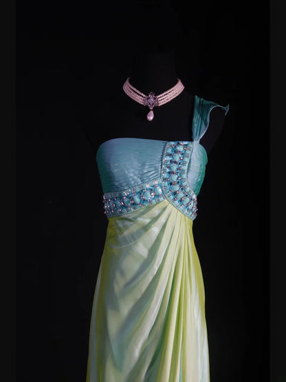 Robe de bal élégante années 1950, sirène, asymétrique, jaune vintage, longue, robe de soirée AS235