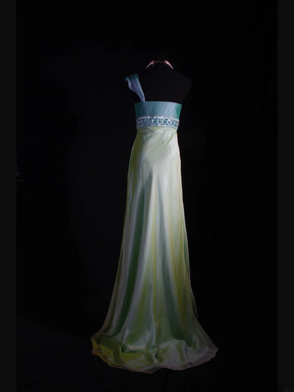 Robe de bal élégante années 1950, sirène, asymétrique, jaune vintage, longue, robe de soirée AS235