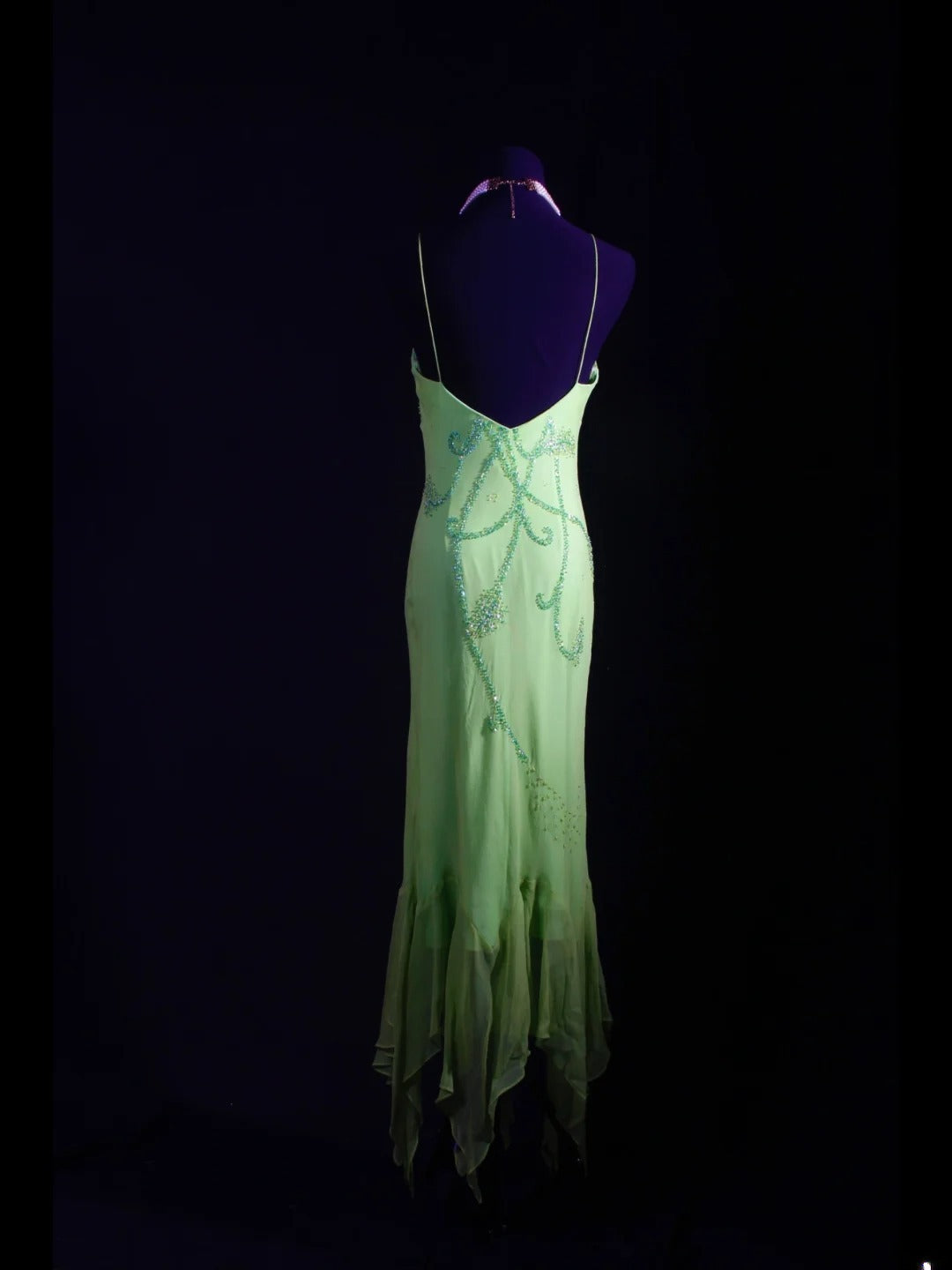 Robe de bal élégante années 1950, sirène, bretelles spaghetti, mousseline vert menthe, perles, longue, robe de soirée AS236
