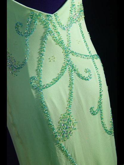 Robe de bal élégante années 1950, sirène, bretelles spaghetti, mousseline vert menthe, perles, longue, robe de soirée AS236