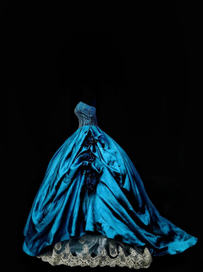 Ball Gown Strapless Blue Satin Long Quinceanera Dresses With Ruffled For Sweet 15 15 Anos Celebration Birthday Formal Gown RB8875