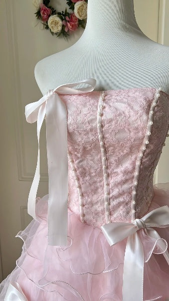 Vintage Prom Dresses Aesthetic 80s Retro High Low Strapless Pink Evening Outfits RC0584
