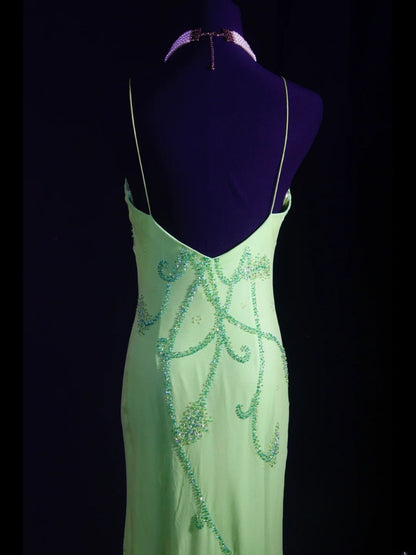 Robe de bal élégante années 1950, sirène, bretelles spaghetti, mousseline vert menthe, perles, longue, robe de soirée AS236