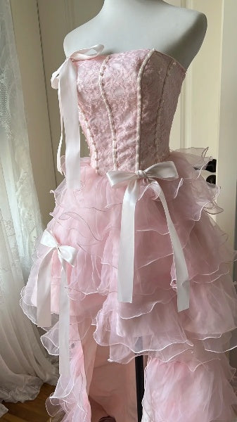 Vintage Prom Dresses Aesthetic 80s Retro High Low Strapless Pink Evening Outfits RC0584