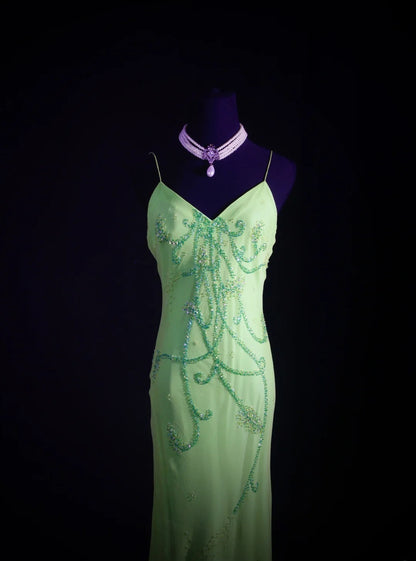 Robe de bal élégante années 1950, sirène, bretelles spaghetti, mousseline vert menthe, perles, longue, robe de soirée AS236