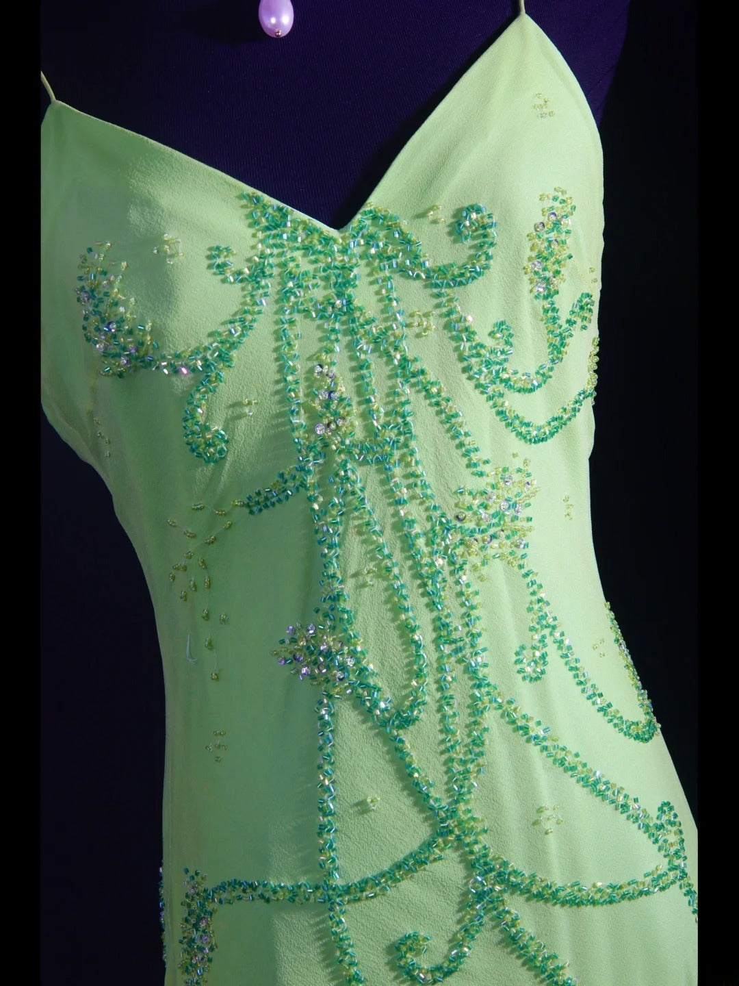 Robe de bal élégante années 1950, sirène, bretelles spaghetti, mousseline vert menthe, perles, longue, robe de soirée AS236