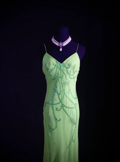 Robe de bal élégante années 1950, sirène, bretelles spaghetti, mousseline vert menthe, perles, longue, robe de soirée AS236