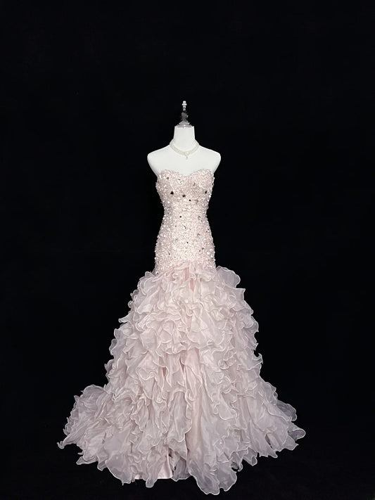 Beautiful Mermaid Sweetheart Light Pink With Tiered Layers Long Prom Dress Formal Outfits Evening Night Dresses RB7637