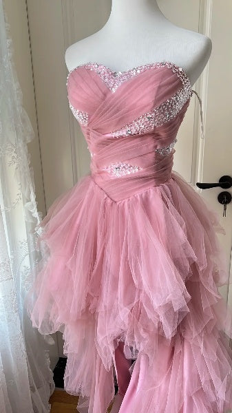 Vintage Prom Dresses Aesthetic 90s Retro High Low Sweetheart Tulle Pink Evening Outfits RC0585