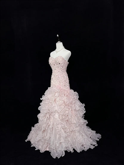 Beautiful Mermaid Sweetheart Light Pink With Tiered Layers Long Prom Dress Formal Outfits Evening Night Dresses RB7637