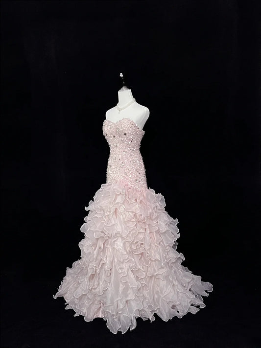 Beautiful Mermaid Sweetheart Light Pink With Tiered Layers Long Prom Dress Formal Outfits Evening Night Dresses RB7637