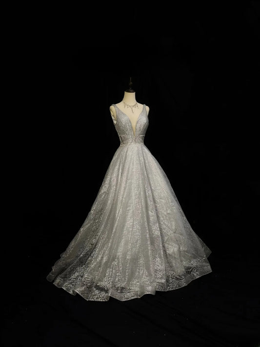 Beautiful Prom Dresses Ball Gown V Neckline Silver Gray With Backless Sequin Long Formal Outfits RB6091
