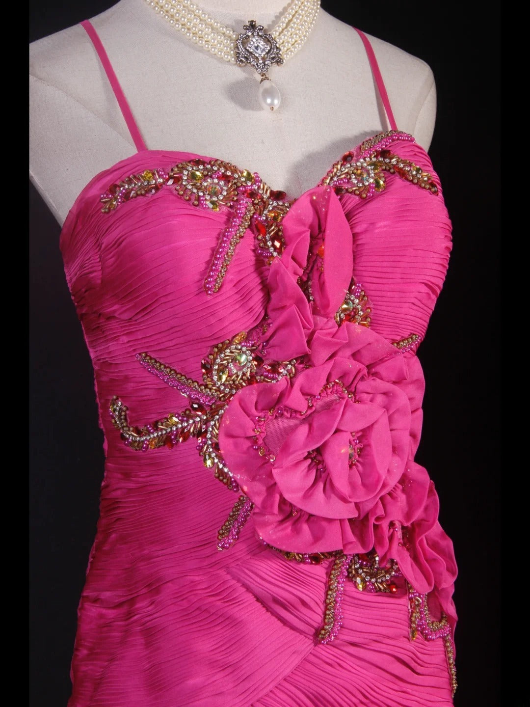 Robe de bal élégante années 50, sirène, bretelles spaghetti, mousseline rose fuchsia, à volants et perles, robe de soirée longue AS237