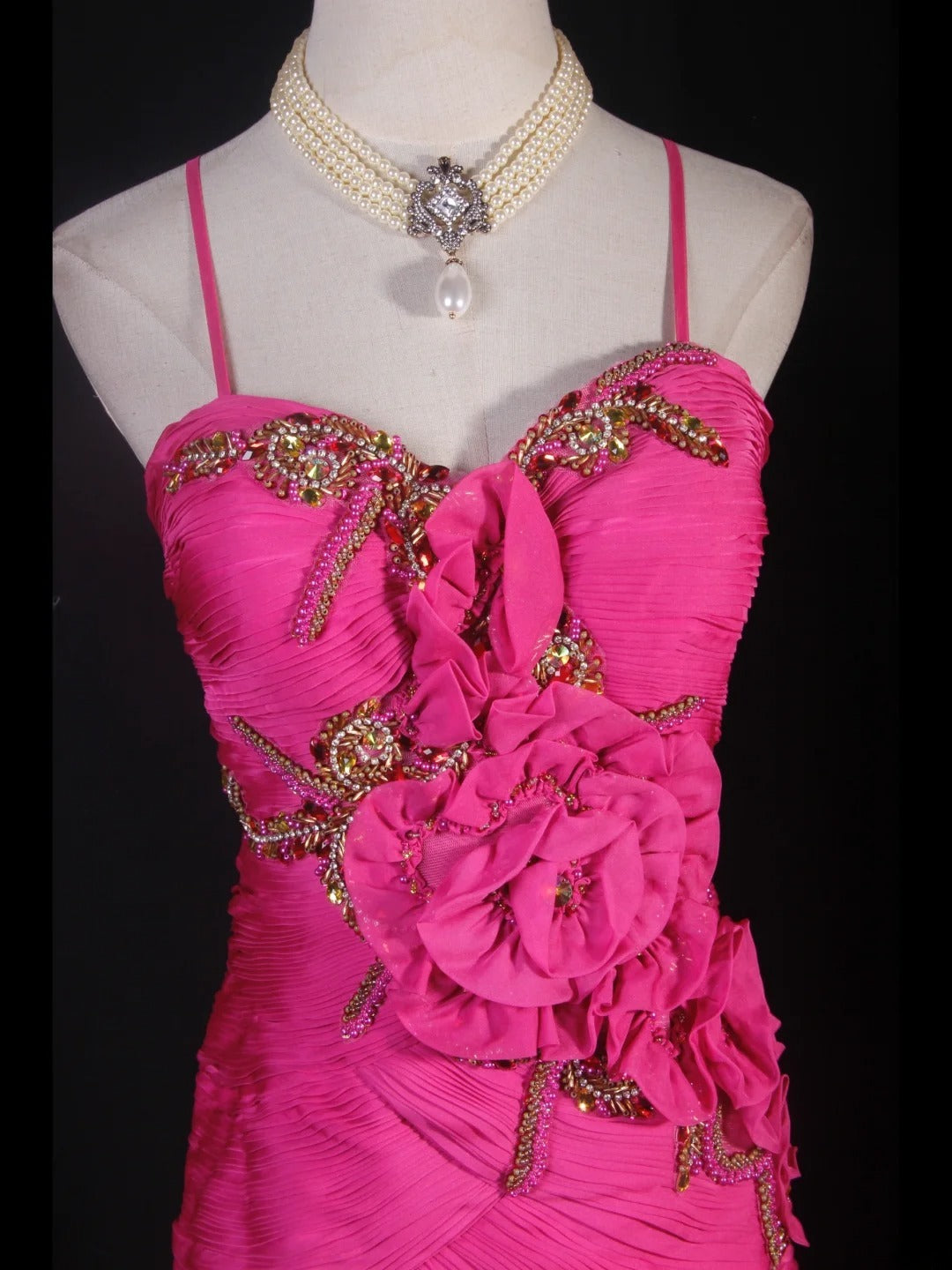 Robe de bal élégante années 50, sirène, bretelles spaghetti, mousseline rose fuchsia, à volants et perles, robe de soirée longue AS237