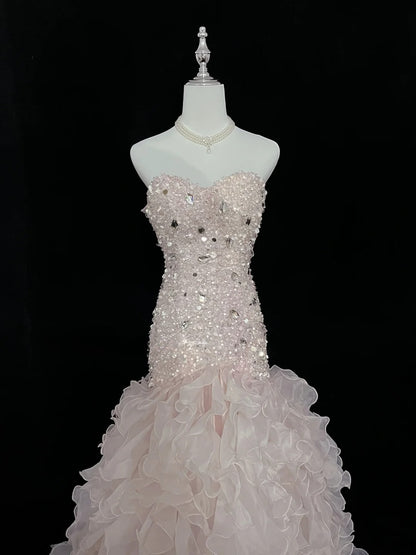 Beautiful Mermaid Sweetheart Light Pink With Tiered Layers Long Prom Dress Formal Outfits Evening Night Dresses RB7637