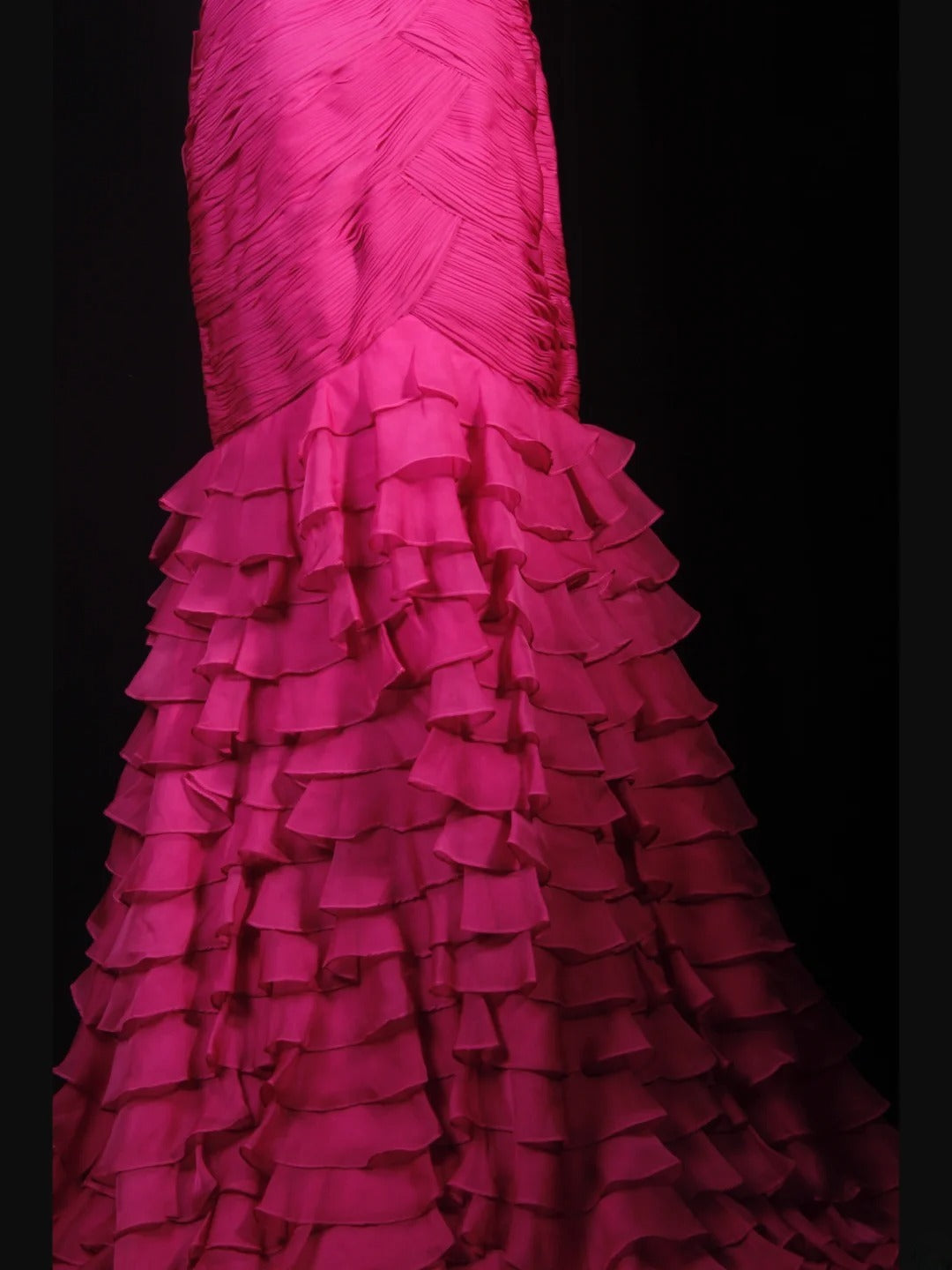 Robe de bal élégante années 50, sirène, bretelles spaghetti, mousseline rose fuchsia, à volants et perles, robe de soirée longue AS237