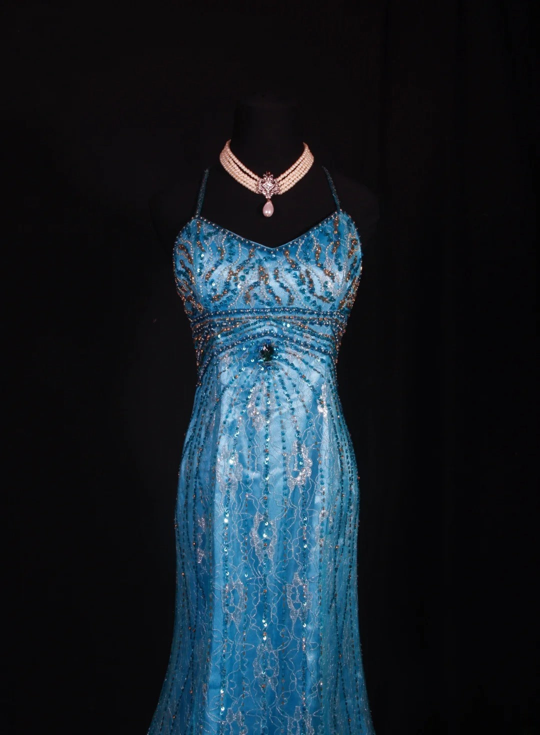 Robe de bal élégante années 1950, sirène, bretelles spaghetti, tulle bleu, perles, longue robe de soirée AS238