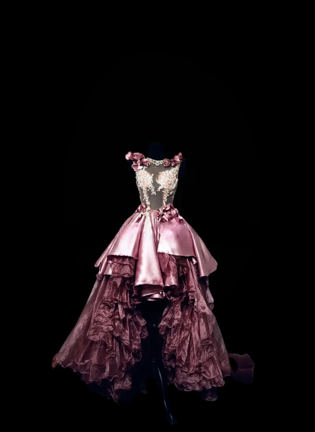 Gothic High Low Sweet 16 Ball Gown,Pink 3D Flowers Layered Tulle Long Sweet Sixteen Formal Dress RB9986
