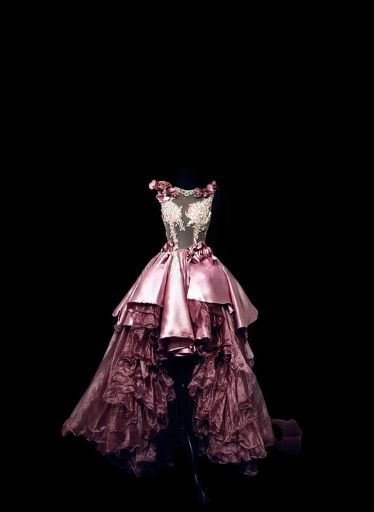 Gothic High Low Sweet 16 Ball Gown,Pink 3D Flowers Layered Tulle Long Sweet Sixteen Formal Dress RB9986