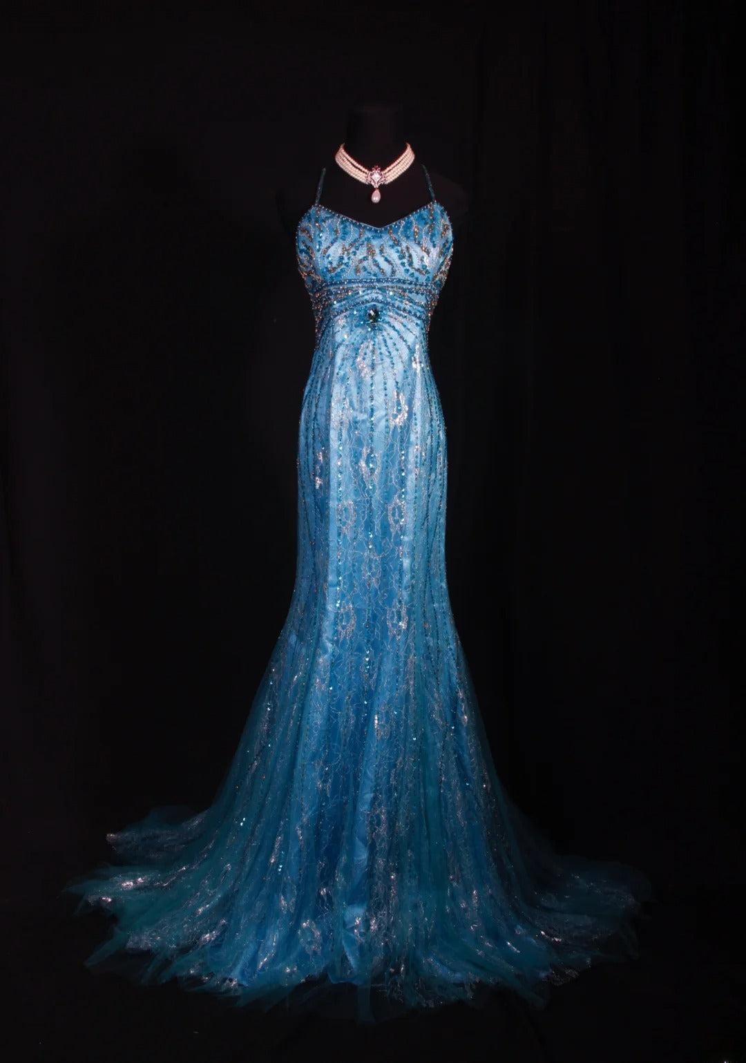 Robe de bal élégante années 1950, sirène, bretelles spaghetti, tulle bleu, perles, longue robe de soirée AS238