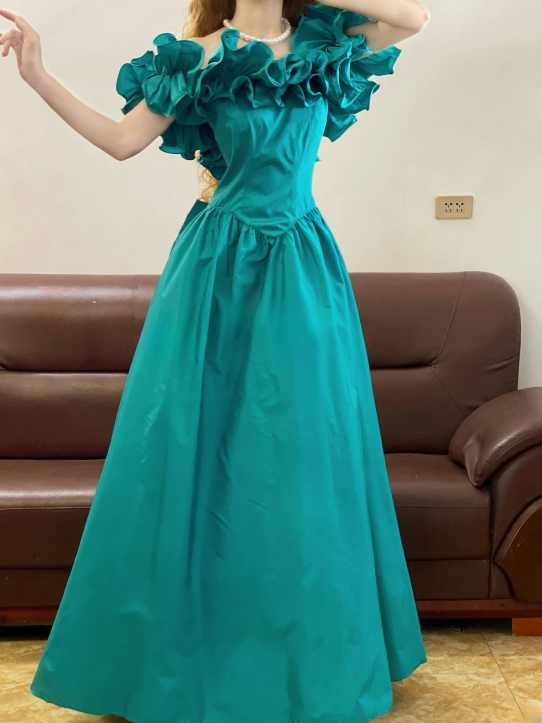 Chic A line Off Shoulder Blue Satin With Ruffles Prom Dress For Women Evening Party Gown RB9157
