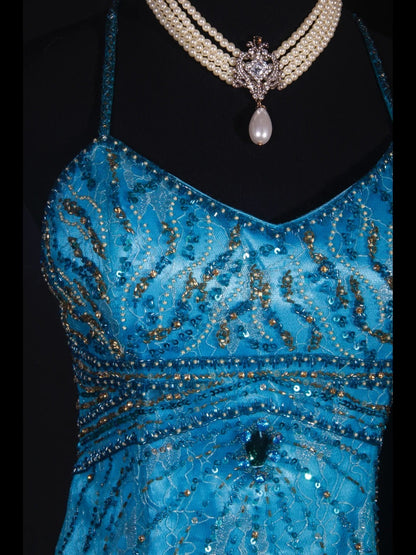 Robe de bal élégante années 1950, sirène, bretelles spaghetti, tulle bleu, perles, longue robe de soirée AS238