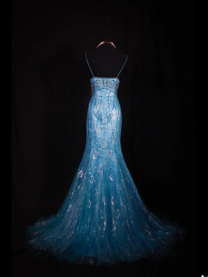 Robe de bal élégante années 1950, sirène, bretelles spaghetti, tulle bleu, perles, longue robe de soirée AS238