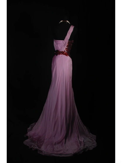 Robe de bal vintage sirène asymétrique en mousseline lilas, longue et élégante, style années 1950, AS239