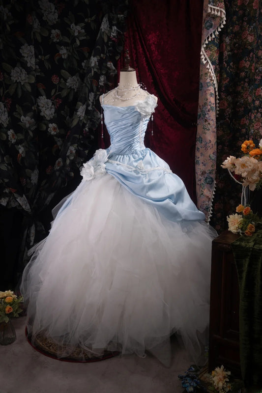 Chic Ball Gown Spaghetti Straps White Tulle Blue Long With Flower Tiered Quince Dress inspo Party Gowns Sweet 16 Outfits RB8507