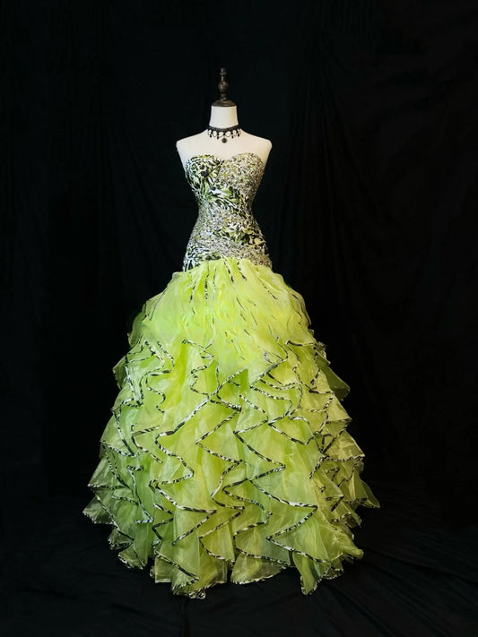 Beautiful Prom Dresses Ball Gown Sweetheart Green Tulle With Tiered Layered Long Formal Outfits RB6092