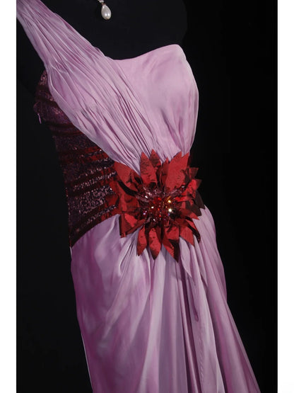Robe de bal vintage sirène asymétrique en mousseline lilas, longue et élégante, style années 1950, AS239