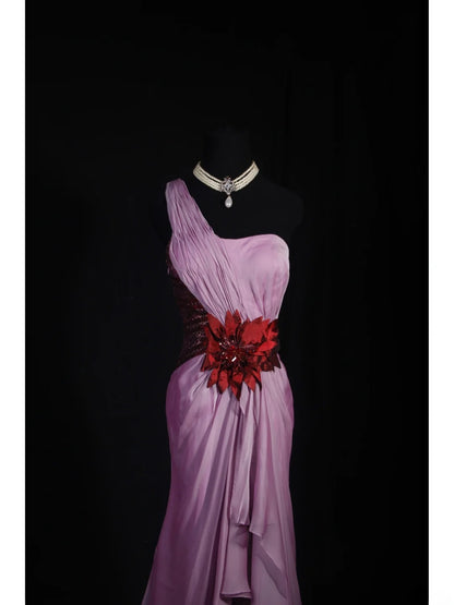 Robe de bal vintage sirène asymétrique en mousseline lilas, longue et élégante, style années 1950, AS239
