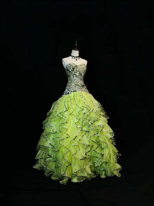 Beautiful Prom Dresses Ball Gown Sweetheart Green Tulle With Tiered Layered Long Formal Outfits RB6092